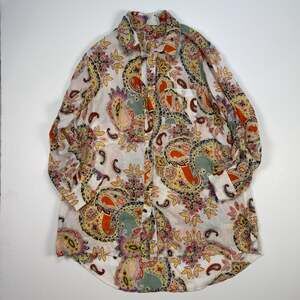 True Destinations Paisley Print Button Up Roll Tab Sleeve Blouse